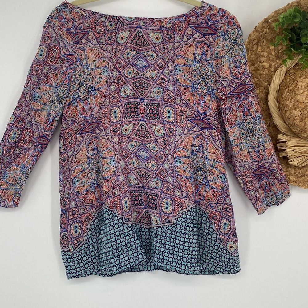 Anthropologie Sidney Maeve Silk Printed 3/4 Sleeve Button Back Tunic Blouse‎ 6
